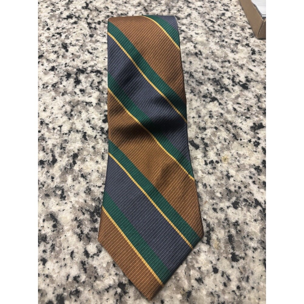 Lands End Mens Tie 100% Silk Brown Navy Blue Gold Striped Repp 3.25"